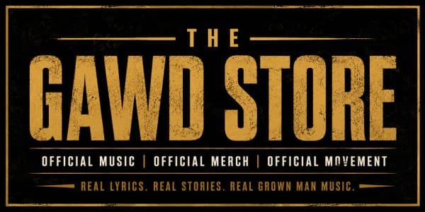 Promotional poster for The GAWD STORE in gold on black, with slogans about music, merch, and movement and a distressed texture.