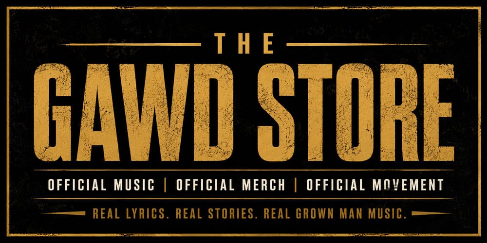 Promotional poster for The GAWD STORE in gold on black, with slogans about music, merch, and movement and a distressed texture.